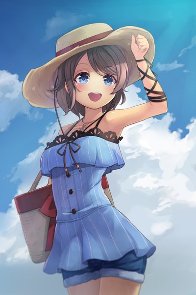 Anime picture 1500x2250 with love live! sunshine!! sunrise (studio) love live! watanabe you motokonut single tall image blush fringe short hair open mouth blue eyes smile brown hair standing holding payot looking away sky cloud (clouds)