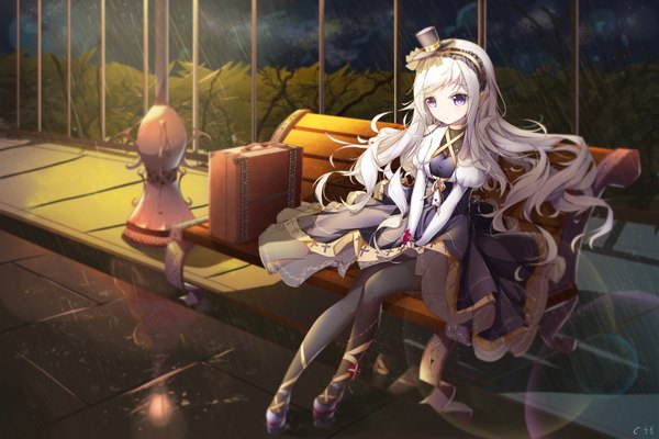 Anime picture 3000x2001 with original niharu single long hair fringe highres sitting purple eyes signed silver hair outdoors long sleeves depth of field puffy sleeves reflection wavy hair rain sad girl dress