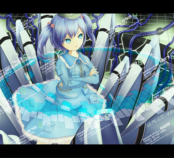 Anime picture 1322x1200 with touhou kawashiro nitori masatome (artist) blue eyes twintails blue hair short twintails crossed arms girl hat wire (wires)