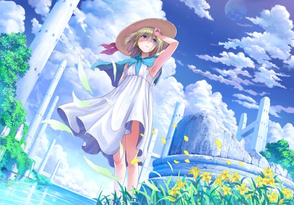 Anime picture 2403x1680 with original tazu single highres short hair blue eyes blonde hair looking away sky cloud (clouds) girl flower (flowers) hat petals sundress