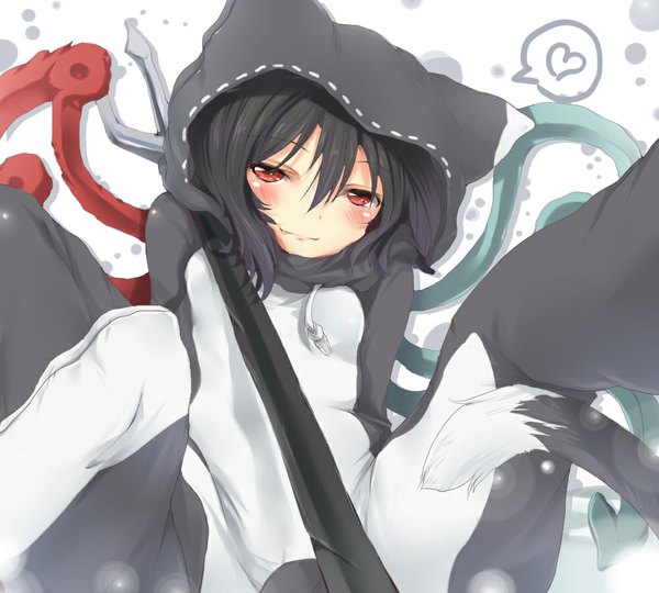 Anime picture 1000x900 with touhou houjuu nue nejime single looking at viewer blush short hair black hair red eyes animal tail girl wings hood trident