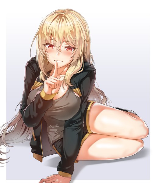 Anime picture 994x1172 with dungeon and fighter lhu (barappra1) single long hair tall image looking at viewer blush fringe breasts light erotic simple background blonde hair hair between eyes red eyes large breasts payot open clothes arm support thighs finger to mouth