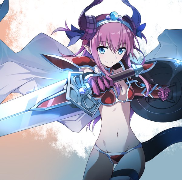 Anime picture 879x872 with fate (series) fate/grand order elizabeth bathory (fate) (all) elizabeth bathory (brave) (fate) tsuedzu single long hair looking at viewer fringe breasts blue eyes light erotic smile hair between eyes standing holding pink hair tail horn (horns) pointy ears