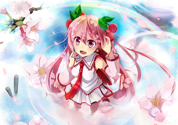Anime picture 1135x800 with vocaloid hatsune miku sakura miku taicho128 single long hair open mouth standing twintails pink hair pink eyes looking up girl skirt flower (flowers) detached sleeves miniskirt petals necktie food