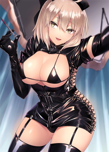 Anime picture 2300x3200 with fate (series) fate/grand order okita souji (fate) (all) okita souji (koha-ace) hakumaitabete single tall image looking at viewer blush fringe highres short hair breasts open mouth light erotic blonde hair smile hair between eyes large breasts standing