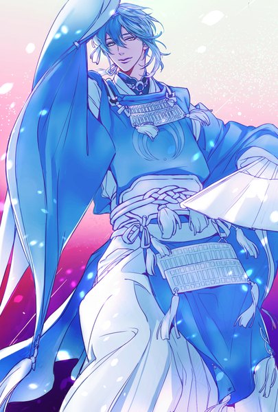 Anime picture 689x1020 with touken ranbu nitroplus mikazuki munechika enjin y single tall image fringe short hair hair between eyes blue hair looking away traditional clothes japanese clothes arm up light smile wide sleeves white eyes boy petals tassel