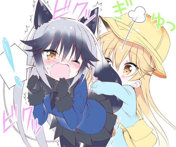 Anime picture 1136x952 with kemono friends ezo red fox (kemono friends) silver fox (kemono friends) takahashi tetsuya long hair blush open mouth simple background blonde hair standing white background multiple girls brown eyes animal ears looking away silver hair upper body tail animal tail pleated skirt