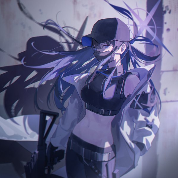 Anime picture 2500x2500 with blue archive saori (blue archive) omegu single long hair looking at viewer fringe highres blue eyes purple hair open jacket shadow midriff hand in pocket girl weapon jacket gun halo crop top
