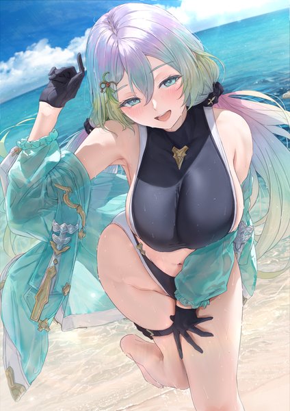 Anime picture 1157x1637 with granblue fantasy cupitan (granblue fantasy) cupitan (summer) (granblue fantasy) akita hika single long hair tall image looking at viewer blush fringe open mouth blue eyes light erotic hair between eyes standing twintails sky silver hair cloud (clouds) bent knee (knees)