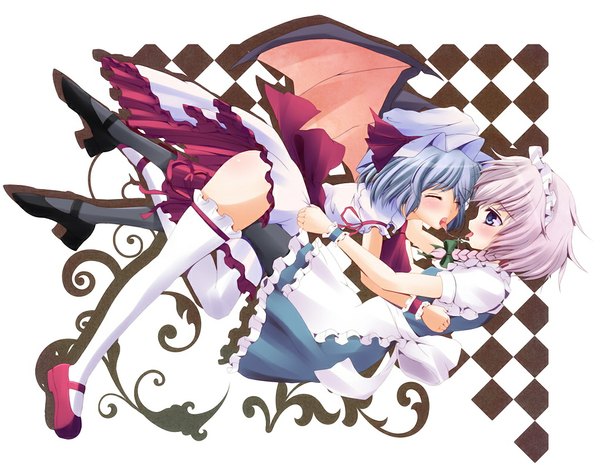 Anime picture 1024x803 with touhou remilia scarlet izayoi sakuya azure (capriccio) short hair blue eyes multiple girls blue hair white hair maid shoujo ai kiss rhombus girl thighhighs dress 2 girls white thighhighs wings