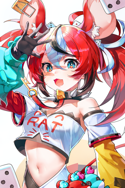 Anime picture 4000x6000 with virtual youtuber hololive hololive english hakos baelz misyune single long hair tall image looking at viewer fringe highres open mouth blue eyes hair between eyes twintails animal ears absurdres upper body red hair tail