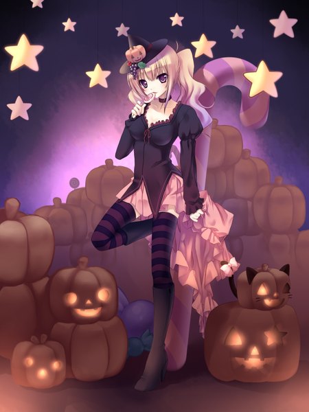 Anime picture 2304x3072 with original nana mikoto single long hair tall image highres blonde hair brown eyes animal ears glowing halloween girl thighhighs hat boots star (symbol) witch hat striped thighhighs candy vegetables