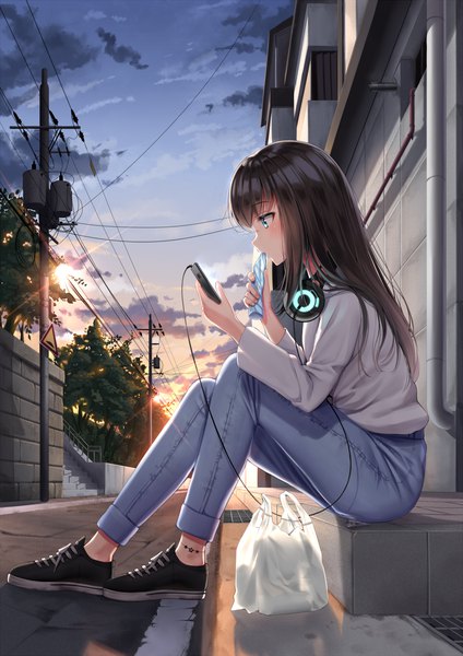 Anime picture 1000x1414 with original superpig (wlstjqdla) single long hair tall image blush fringe blue eyes black hair hair between eyes sitting looking away sky cloud (clouds) full body outdoors profile sunlight evening headphones around neck