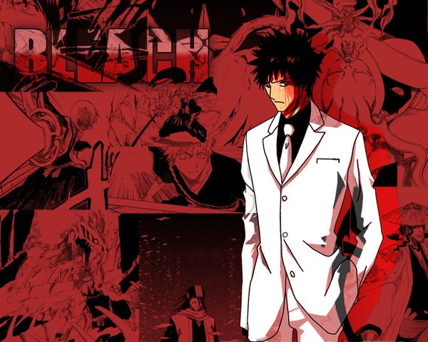 Anime picture 1280x1024 with bleach studio pierrot kurosaki ichigo hitsugaya toushirou kuchiki byakuya abarai renji ichimaru gin hinamori momo kyoraku shunsui kurotsuchi mayuri looking at viewer short hair black hair inscription grey eyes manga weapon shirt sword necktie