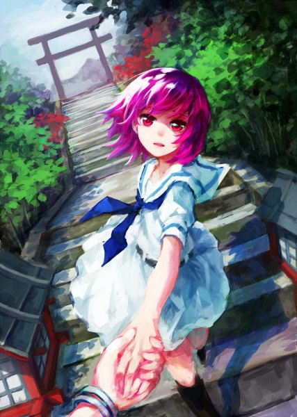 Anime picture 854x1200 with saki miyanaga teru bamboo nima tall image looking at viewer short hair open mouth red eyes purple hair outdoors wind shadow holding hands mountain running girl uniform socks serafuku bracelet