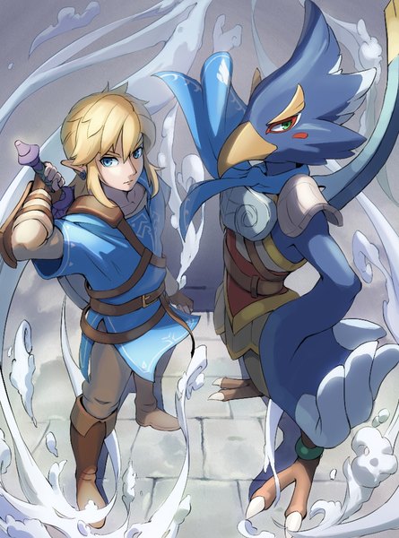 Anime picture 766x1033 with the legend of zelda the legend of zelda: breath of the wild nintendo link revali saburou (jako) long hair tall image fringe blue eyes blonde hair hair between eyes standing green eyes from above pointy ears multiple boys boy weapon sword