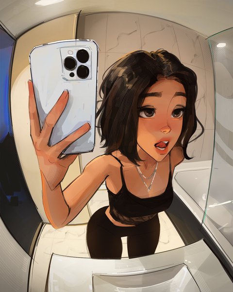 Anime picture 1080x1350 with original sam yang single long hair tall image blush open mouth black hair standing holding brown eyes looking away indoors arm up teeth eyebrows pov self shot female pov fisheye