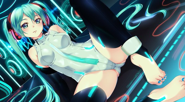 Anime picture 1892x1041 with vocaloid vocaloid append hatsune miku hatsune miku (append) eventh7 single highres light erotic wide image twintails bare shoulders very long hair nail polish barefoot aqua eyes aqua hair girl thighhighs black thighhighs necktie
