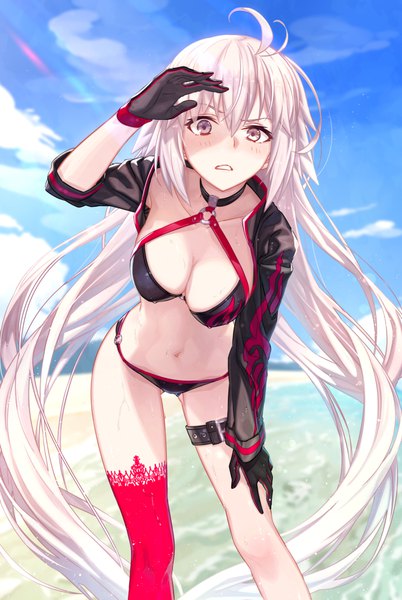 Anime picture 732x1091 with fate (series) fate/grand order jeanne d'arc (fate) (all) jeanne d'arc alter (fate) jeanne d'arc alter (swimsuit berserker) (fate) m-ya single long hair tall image looking at viewer blush breasts light erotic large breasts standing payot sky cleavage silver hair cloud (clouds)