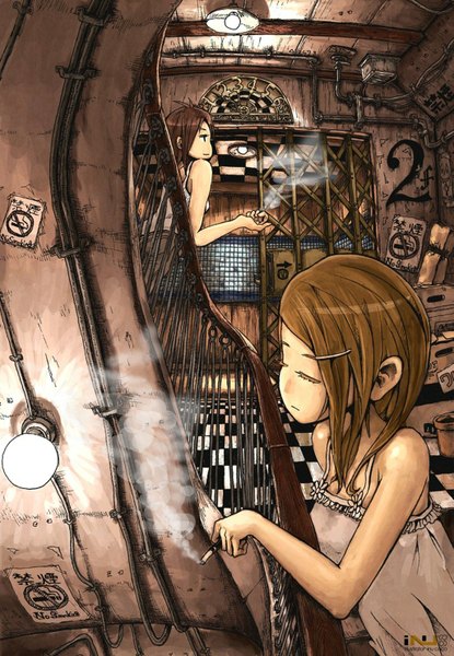 Anime picture 1025x1482 with original inukoko (artist) tall image short hair brown hair bare shoulders multiple girls eyes closed smoke checkered floor smoking girl hair ornament 2 girls hairclip sundress stairs wire (wires) cigarette sign