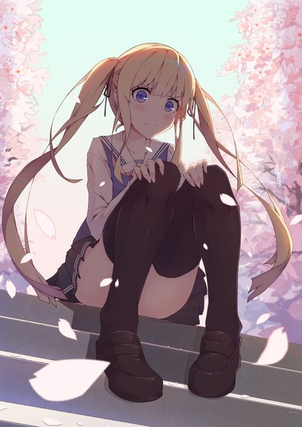 Anime picture 2480x3508 with saenai heroine no sodatekata a-1 pictures sawamura spencer eriri litsvn single long hair tall image looking at viewer blush fringe highres light erotic blonde hair purple eyes twintails payot bent knee (knees) long sleeves pleated skirt shadow