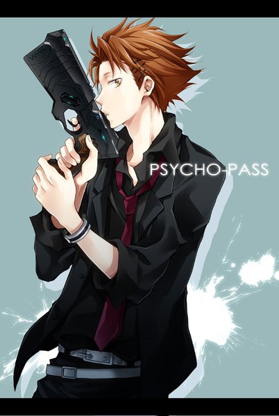 Anime picture 600x895 with psycho-pass production i.g shuusei kagari kubyou azami single tall image looking at viewer short hair simple background brown hair standing holding yellow eyes profile copyright name letterboxed blue background boy hair ornament weapon