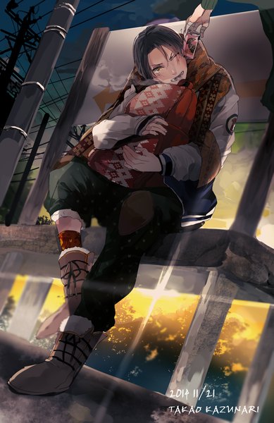 Anime picture 969x1494 with kuroko no basket production i.g midorima shintarou takao kazunari border0715 tall image short hair open mouth black hair sitting brown eyes sky cloud (clouds) sunlight multiple boys exhalation sunbeam boy socks jacket