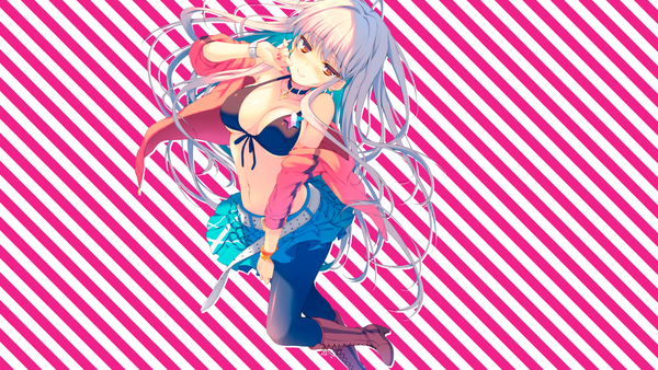 Anime picture 1920x1080 with original reia single long hair looking at viewer fringe highres breasts light erotic smile red eyes wide image large breasts white hair nail polish lacing screenshot girl skirt navel
