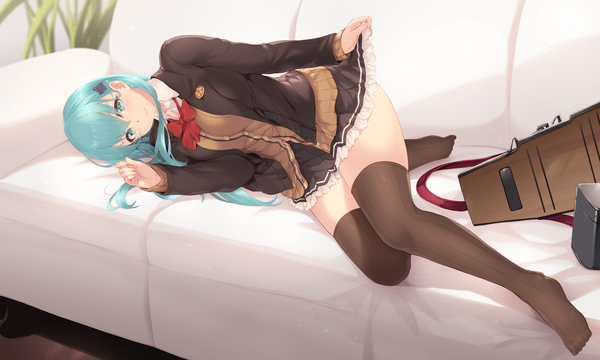 Anime picture 6496x3898 with kantai collection suzuya heavy cruiser cait single long hair looking at viewer blush fringe highres breasts light erotic smile hair between eyes wide image absurdres indoors lying long sleeves pleated skirt aqua eyes