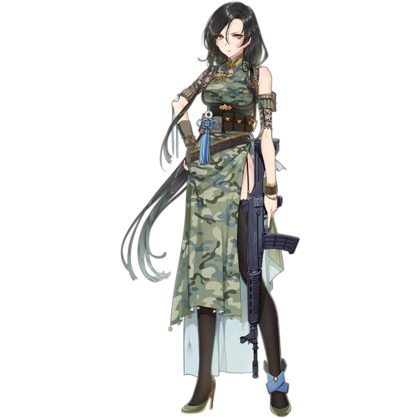 Anime-Bild 1024x1024 mit girls frontline type 03 (girls frontline) kieta single black hair hair between eyes standing full body very long hair traditional clothes black eyes official art high heels hand on hip chinese clothes low ponytail side slit transparent background camouflage girl