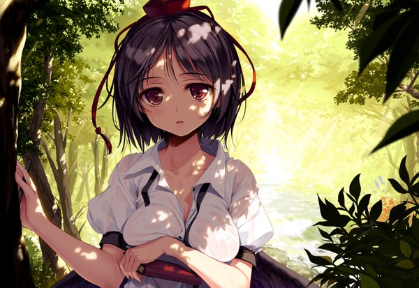 Anime picture 1399x965 with touhou shameimaru aya ke-ta single looking at viewer short hair light erotic black hair red eyes girl plant (plants) hat shirt wings tree (trees)