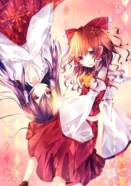 Anime picture 1000x1413 with touhou hakurei reimu kusada souta long hair tall image blush open mouth red eyes brown hair multiple girls purple hair traditional clothes miko girl skirt bow 2 girls hair bow detached sleeves skirt set