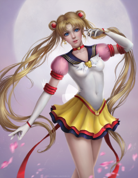 Anime picture 856x1100 with bishoujo senshi sailor moon toei animation tsukino usagi sailor moon felicemelancholie single tall image breasts blue eyes blonde hair standing twintails looking away very long hair light smile lips facial mark girl gloves navel