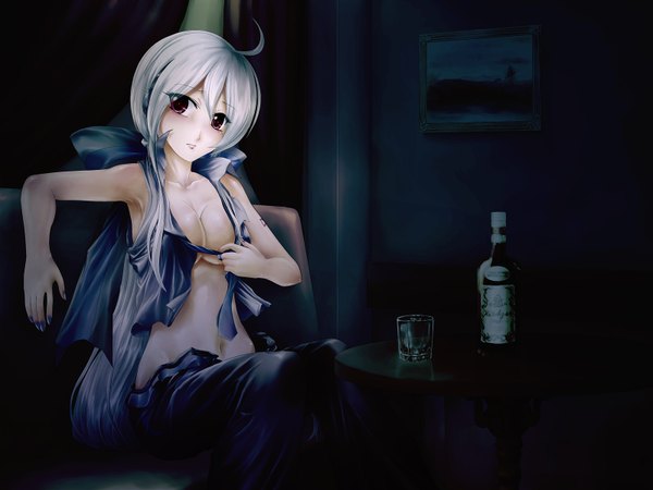 Anime picture 1600x1200 with vocaloid yowane haku red eyes ahoge white hair nail polish gloom girl navel bottle glass picture
