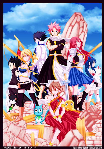 Anime picture 1000x1431 with fairy tail lucy heartfilia erza scarlet natsu dragneel gray fullbuster wendy marvell happy (fairy tail) gajeel redfox charle (fairy tail) panther lily eclair (fairy tail) momon dartroberth tall image black hair blonde hair red eyes brown hair twintails multiple girls
