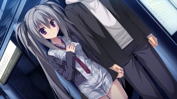 Anime picture 1280x720 with dracu-riot! yuzusoft elena olegovna owen long hair red eyes wide image twintails game cg silver hair girl ribbon (ribbons) hair ribbon shirt necktie