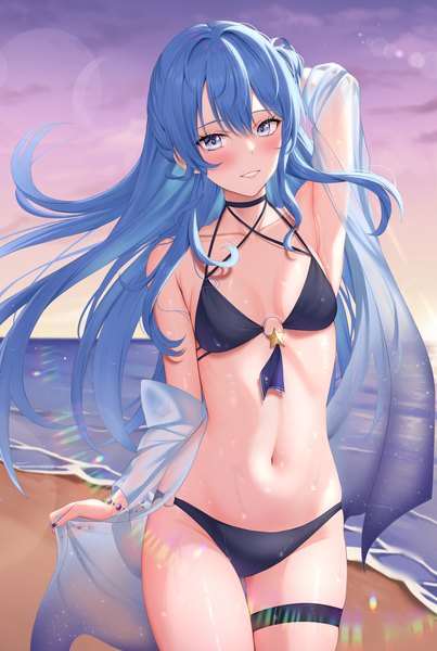 Anime picture 2400x3571 with virtual youtuber hololive hoshimachi suisei shinigami kiraki single long hair tall image looking at viewer blush fringe highres breasts blue eyes light erotic hair between eyes standing blue hair sky cloud (clouds) outdoors