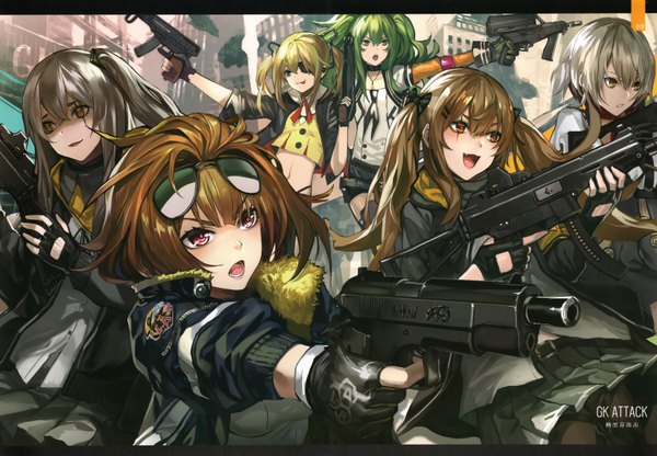 Anime picture 6432x4466 with girls frontline ump45 (girls frontline) ump9 (girls frontline) vector (girls frontline) m950a (girls frontline) grizzly mkv (girls frontline) vz 61 (girls frontline) infukun long hair looking at viewer blush highres short hair open mouth blue eyes blonde hair red eyes brown hair twintails multiple girls