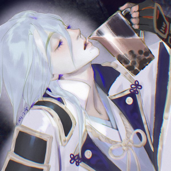 Anime picture 2048x2048 with genshin impact kamisato ayato quemenxue1121 single long hair fringe highres hair between eyes signed silver hair eyes closed mole mole under mouth drinking boy gloves fingerless gloves drink bubble tea pitcher
