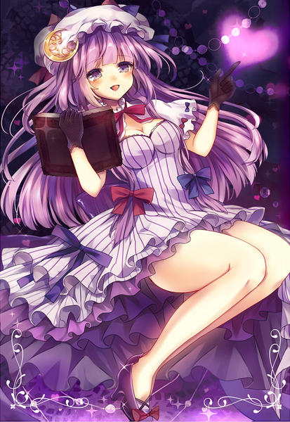 Anime picture 636x923 with touhou patchouli knowledge ukita uuko single long hair tall image looking at viewer blush fringe breasts open mouth purple eyes holding cleavage purple hair bent knee (knees) bare legs happy striped pointing