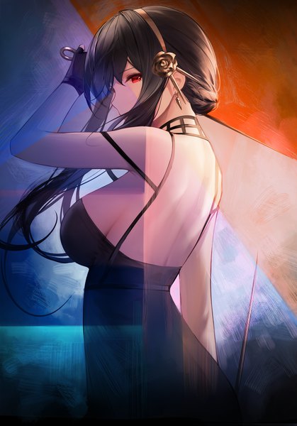 Anime picture 2000x2867 with spy x family yor briar an yasuri single long hair tall image looking at viewer fringe highres breasts light erotic black hair simple background hair between eyes red eyes large breasts standing holding profile arm up
