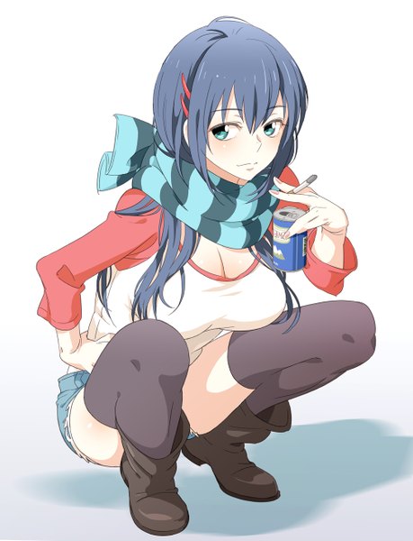 Anime picture 1000x1306 with aki (9aki) single long hair tall image blue eyes light erotic blue hair cleavage hand on hip squat smoking girl hair ornament shorts hairclip scarf drink cigarette