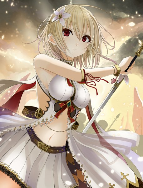 Anime picture 810x1062 with original kentaurosu single tall image looking at viewer blush fringe short hair breasts blonde hair red eyes large breasts bare shoulders sky cloud (clouds) hair flower sunlight bare belly sunbeam girl