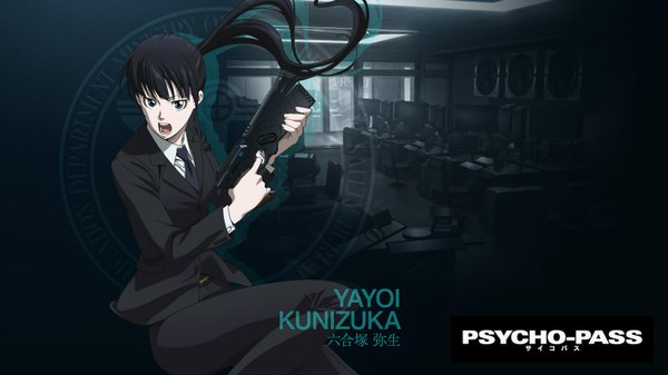 Anime picture 1600x900 with psycho-pass production i.g yayoi kunizuka single long hair open mouth blue eyes wide image ponytail girl weapon shirt necktie gun tuxedo