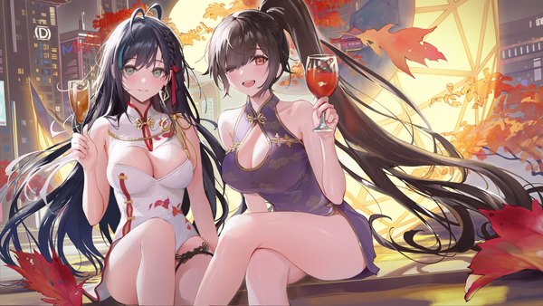 Anime picture 2880x1620 with tower of fantasy lin (tower of fantasy) saki fuwa (tower of fantasy) ame (uten cancel) long hair looking at viewer blush fringe highres breasts open mouth light erotic black hair smile brown hair wide image large breasts sitting bare shoulders multiple girls