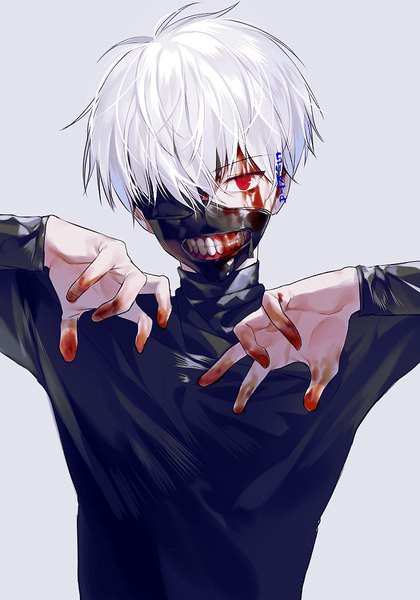 Anime picture 700x1000 with tokyo ghoul studio pierrot kaneki ken sorolp single tall image looking at viewer short hair simple background red eyes signed upper body white hair teeth bleeding boy blood mask turtleneck