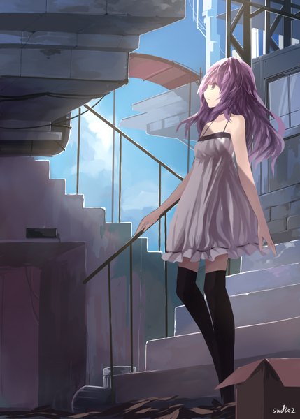 Anime picture 1181x1653 with elsword aisha landar swd3e2 single long hair tall image standing bare shoulders pink hair pink eyes sunlight looking up girl thighhighs dress black thighhighs white dress building (buildings) stairs cardboard box