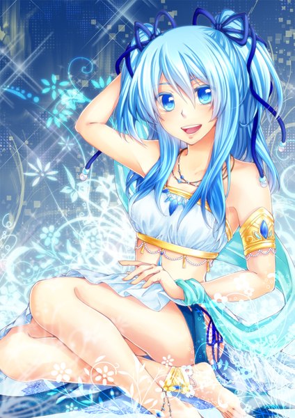 Anime picture 1061x1500 with original makina (frog) single long hair tall image looking at viewer open mouth blue eyes blue hair girl ribbon (ribbons) hair ribbon jewelry