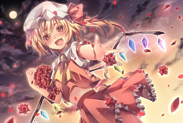 Anime picture 1100x746 with touhou flandre scarlet nemuri nemu mitsuhachi8 single short hair open mouth blonde hair smile red eyes cloud (clouds) ponytail teeth fang (fangs) outstretched arm side ponytail evening sunset outstretched hand girl