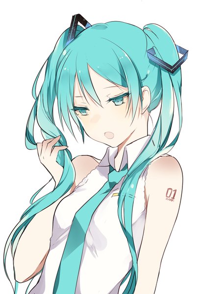 Anime picture 600x873 with vocaloid hatsune miku lpip single long hair tall image blush fringe open mouth simple background white background twintails bare shoulders looking away aqua eyes aqua hair tattoo holding hair girl necktie